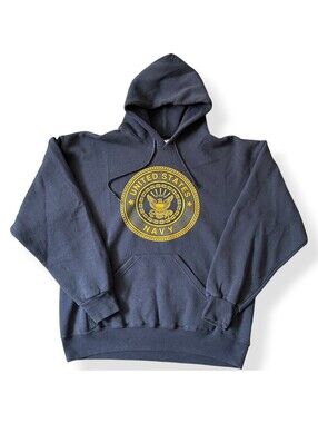 Vintage 90s US Navy Hoodie Large Pullover Fleece Logo Graphic Front Back